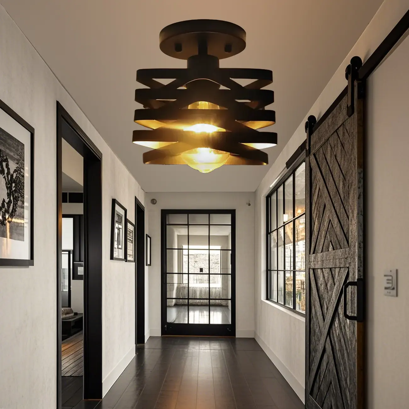 Industrial Geometric Black Iron Hallway Semi Flush Ceiling Light