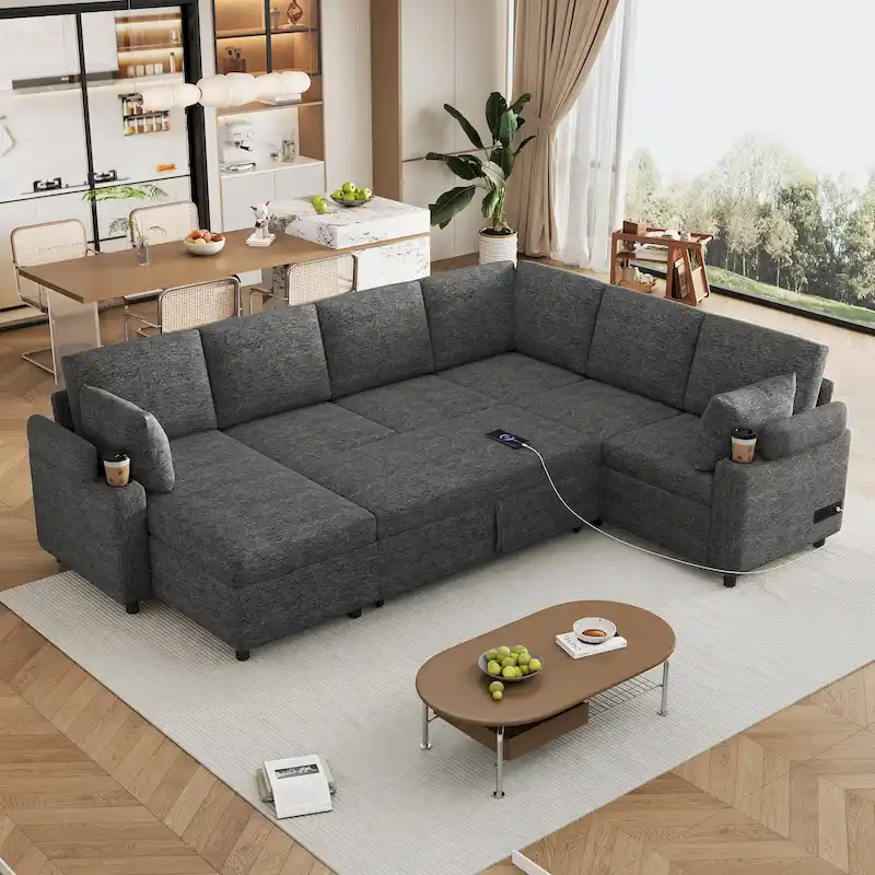 U-shaped Sofa, Chenille Sectional Sofa with 2 Cup Holders and Charging Ports Livingroom Sleeper Recliner Sofa Couch