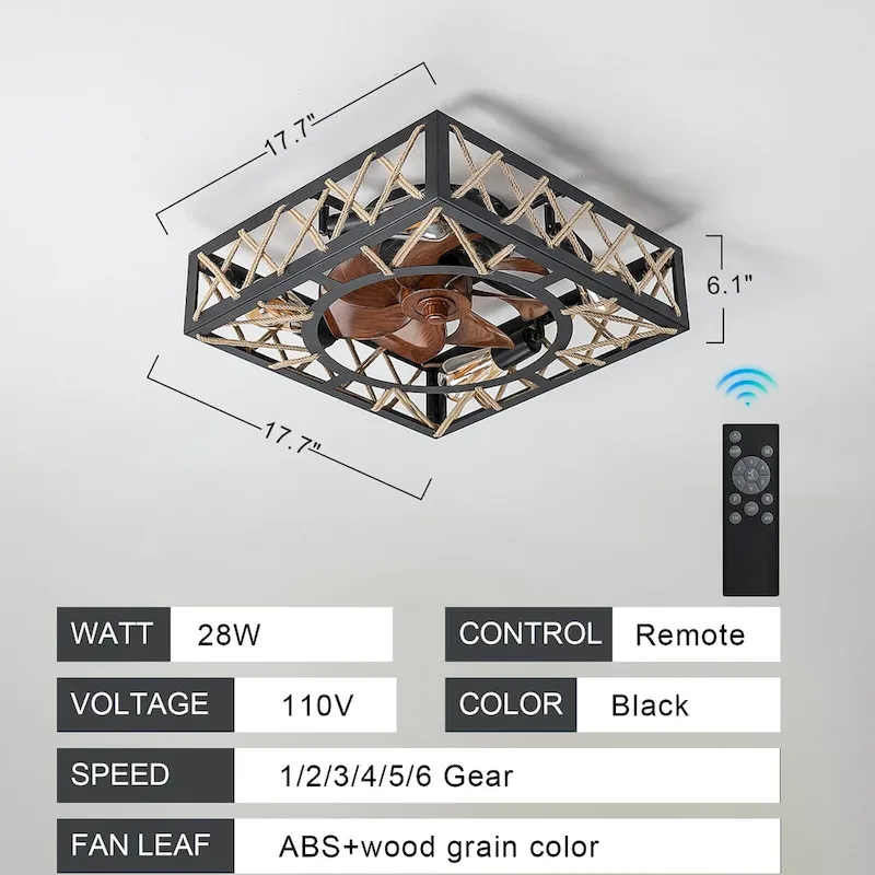 Oaks Aura 18in.Modern Industrial Low Profile Ceiling Fan with Light, Black Farmhouse Flush Mount Remote Control Ceiling Fan