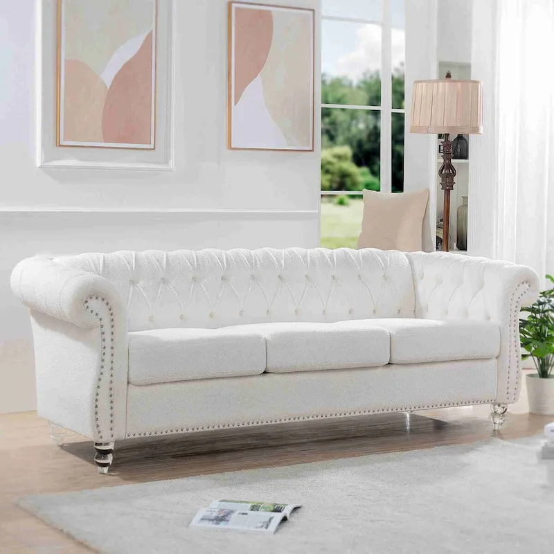 White Rolled Arm Chesterfield 3-Seater Sofa