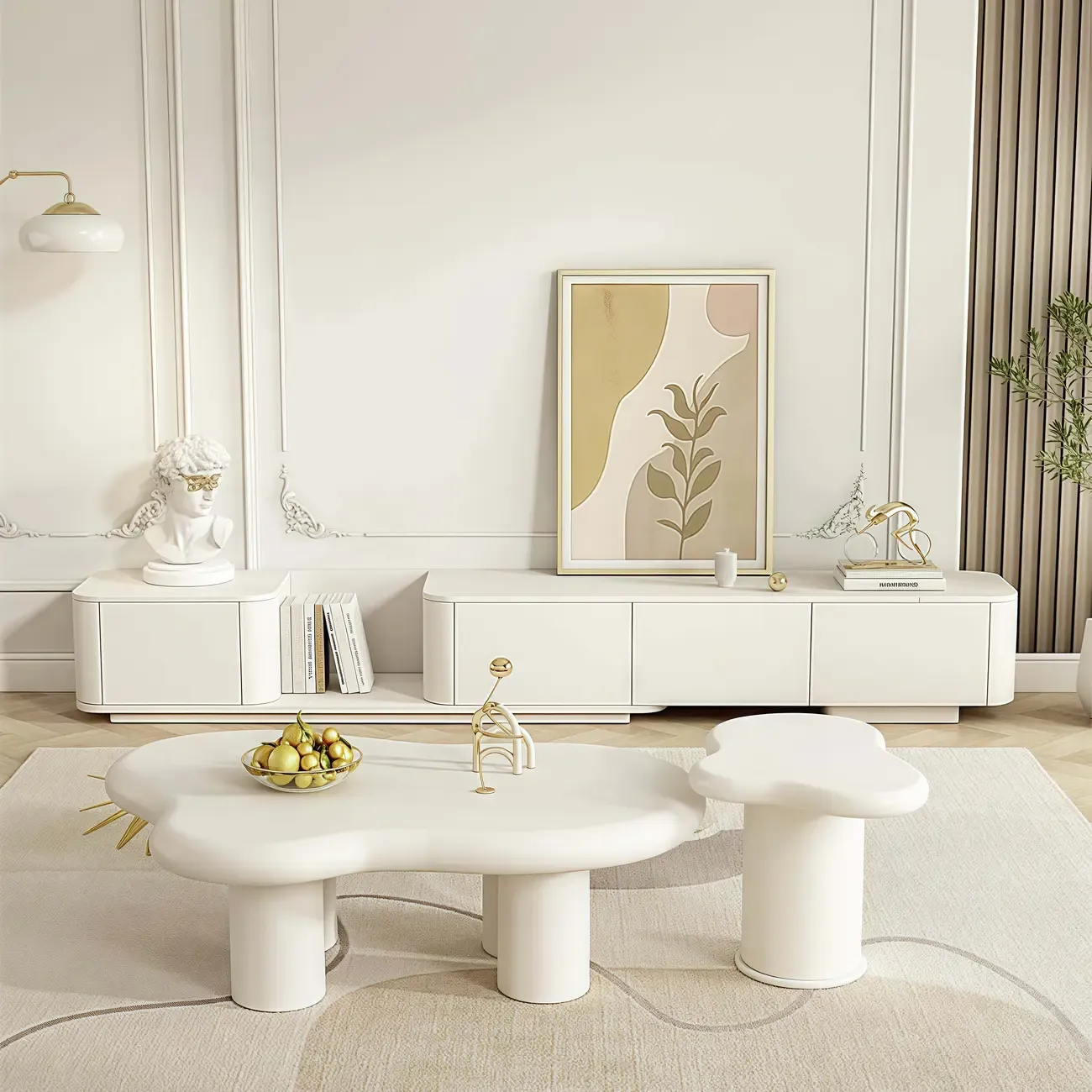 Extendable Modern Wooden White TV cabinet with Drawers