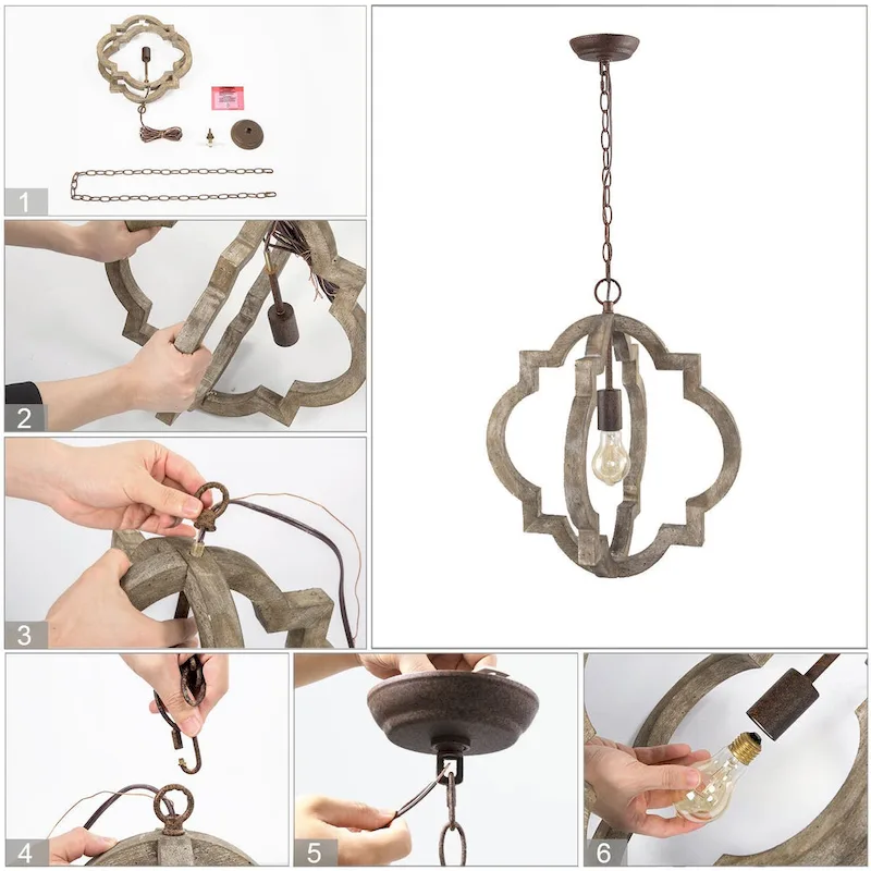 Farmhouse 1-Light Wood Lantern Chandelier Kitchen Island Pendant Lights - D 16 x H 17.5