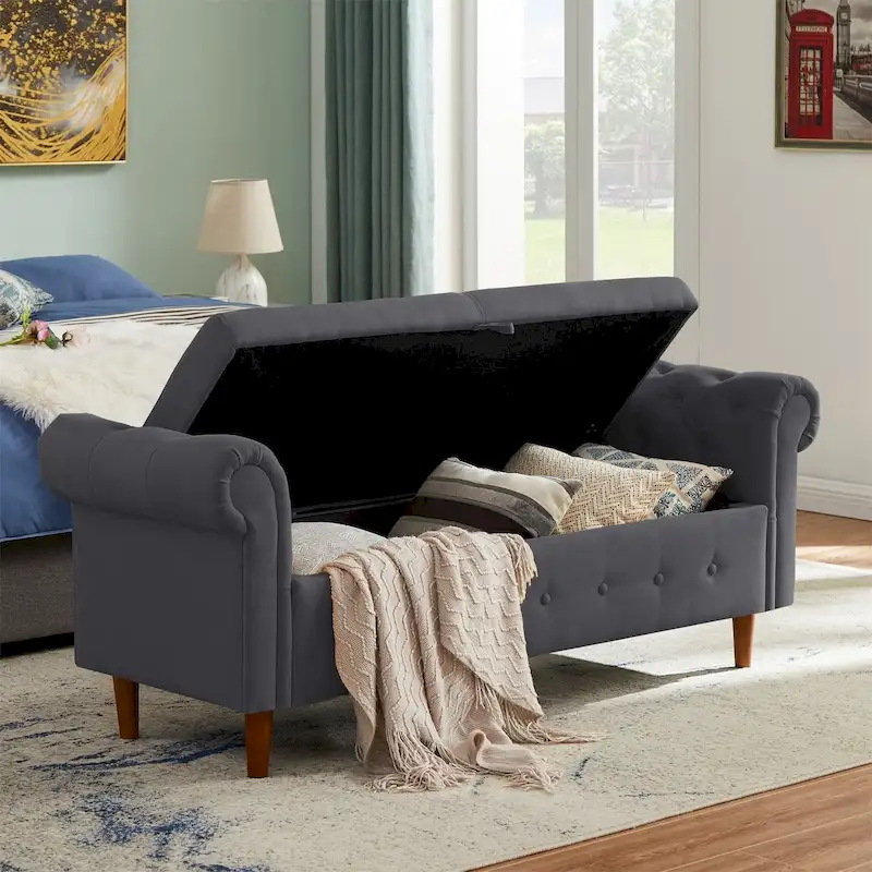 Storage Bench for Bedroom End of Bed Rolled Armed Linen Fabric Ottoman Couch Long Bench