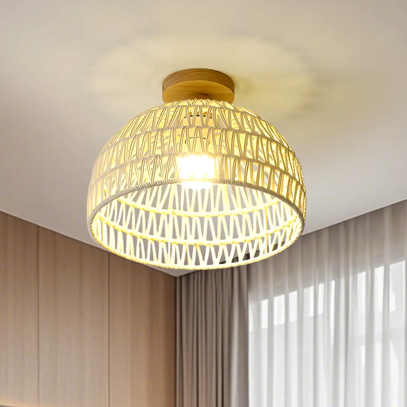 Natural Finish Semi Flush Ceiling Light with Rope Dome Shade