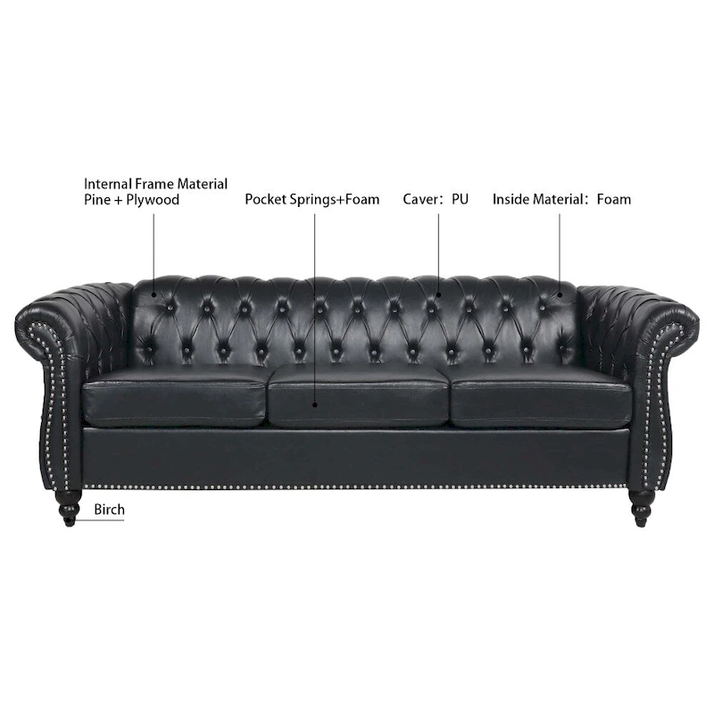 84.65 PU Rolled Arm Chesterfield 3 Seater Sofa