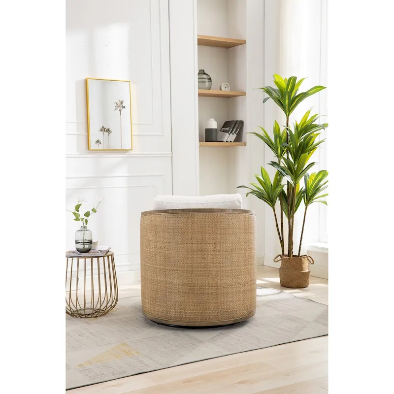 Swivel Barrel Chair, Comfy Round Accent Chair, 360 Degree Swivel Barrel Club Chair, Leisure Arm Chair with Rattan Woven Frame