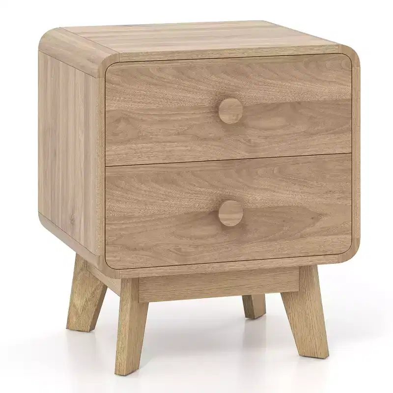 Costway 1/2 PCS Modern Style 2-Drawer Nightstand Bedside Table with Solid Rubber Wood Legs Brown