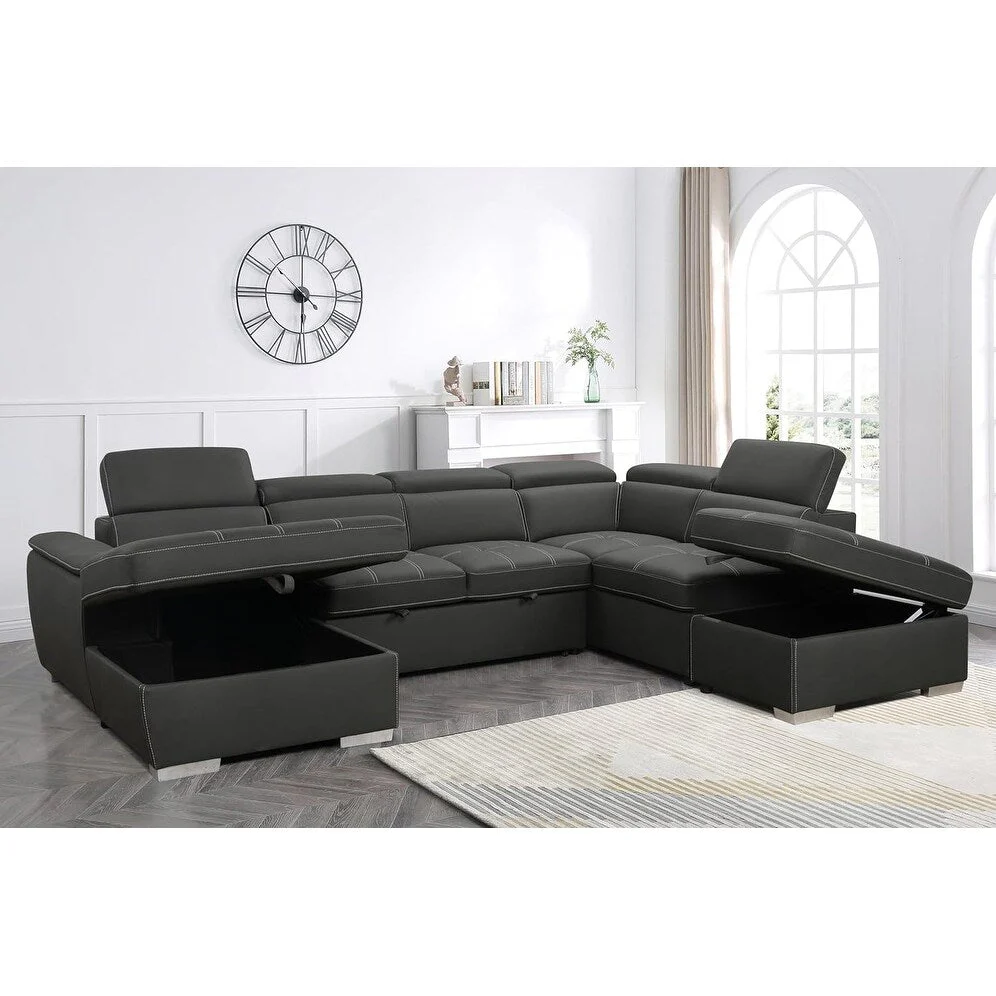 Roomfitters 128 U-Shaped Sectional Couch with Ottomans, Reversible Modular Sofa 7-Seater Couch with Storage Seat, Grey