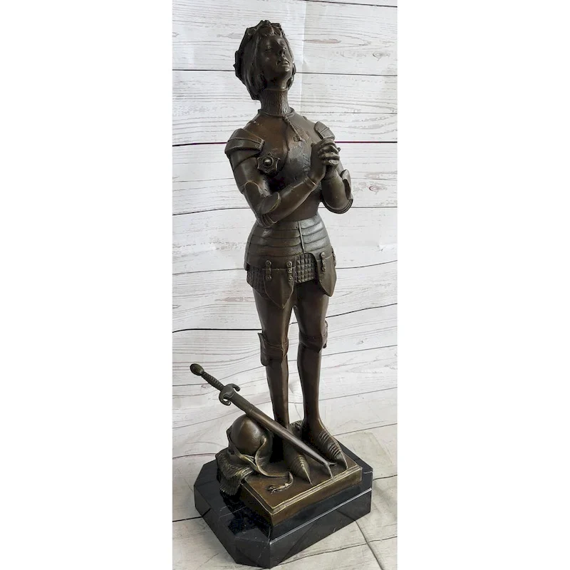 Saint Joan Of Arc Maid Of Orleans French Praying Bronze Sculpture Statue On Marble Base