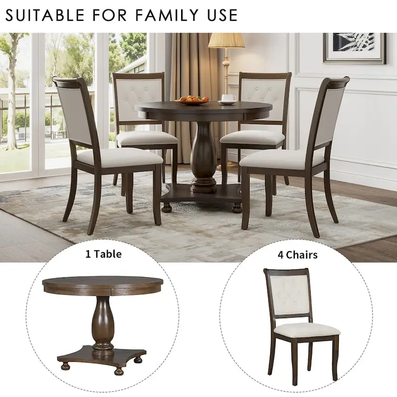 5 Piece Dining Table Set, Solid Wood Kitchen Dining Room Table Set with Round Dining Table and 4 Upholstered Chairs