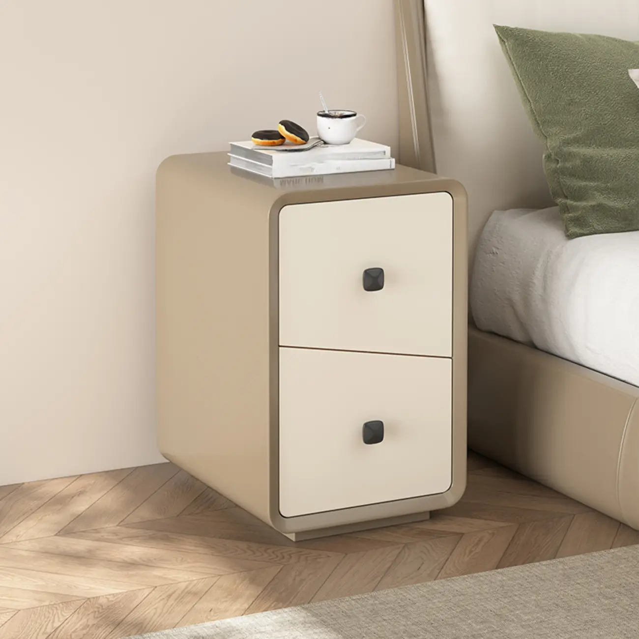 Modern Black and Off-White Wooden Nightstand 2-Drawer Storage