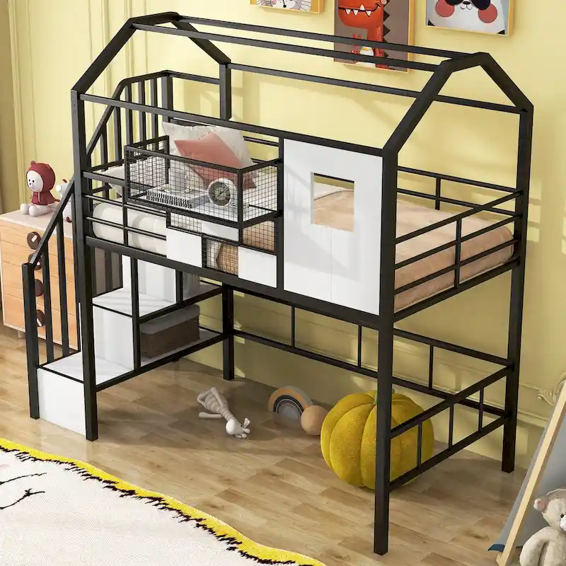 Twin Size Metal Loft Bed w/Roof Design, House Shaped Stairway Bedframe