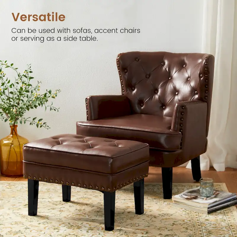 Glitzhome 22W Mid-century PU Leather Tufted Ottoman Foot Stool