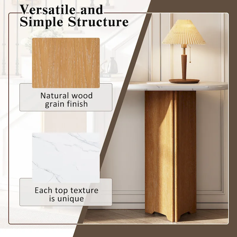 Oval Faux Marble Top Console Table Entryway Table, Narrow Sofa Table Hallway Accent Table with Triangular Base