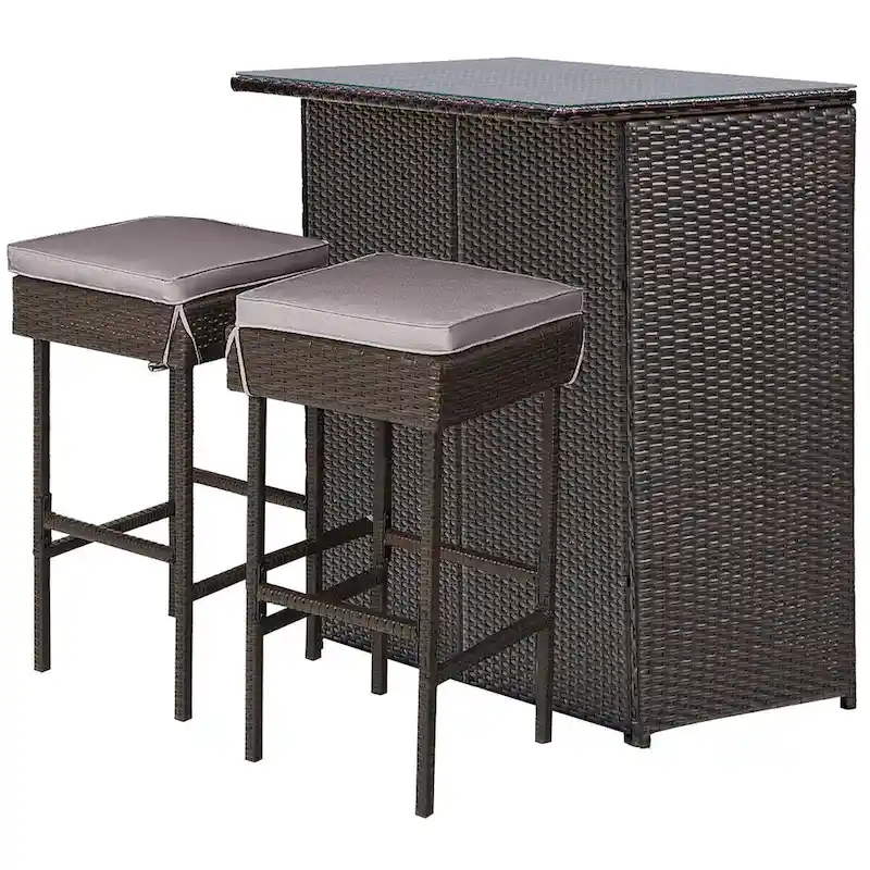 Gymax 3PCS Rattan Patio Bar Table & Stool Set Dining Set w/ Gray & Off