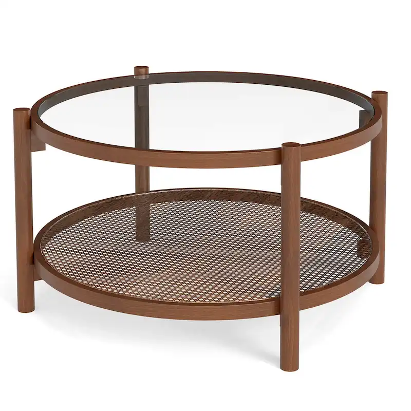 Costway Wooden 31 Round Coffee Table with Tempered Glass Top Handmade - Cherry+Transparent - See Details