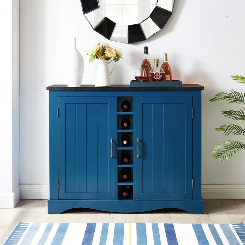 47 Marbling Countertop Buffet Bar Cabinet w/ Glass Holders