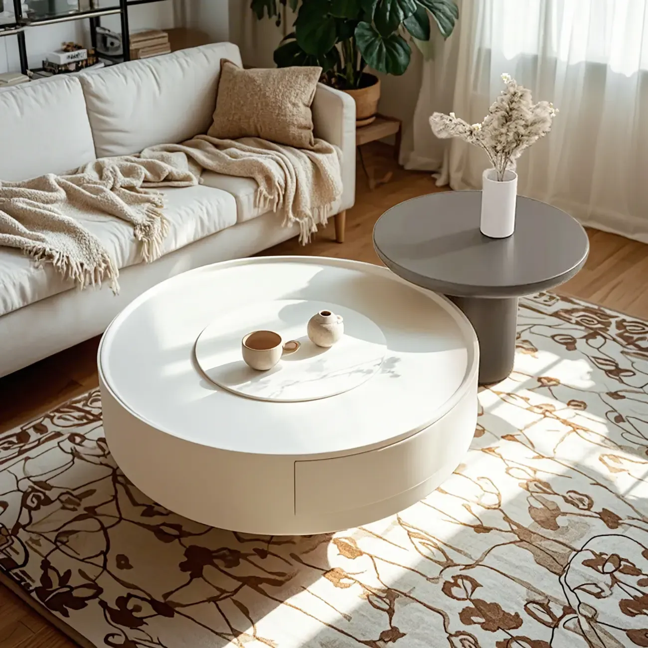 Modern White Stone Round Coffee Table with Storage