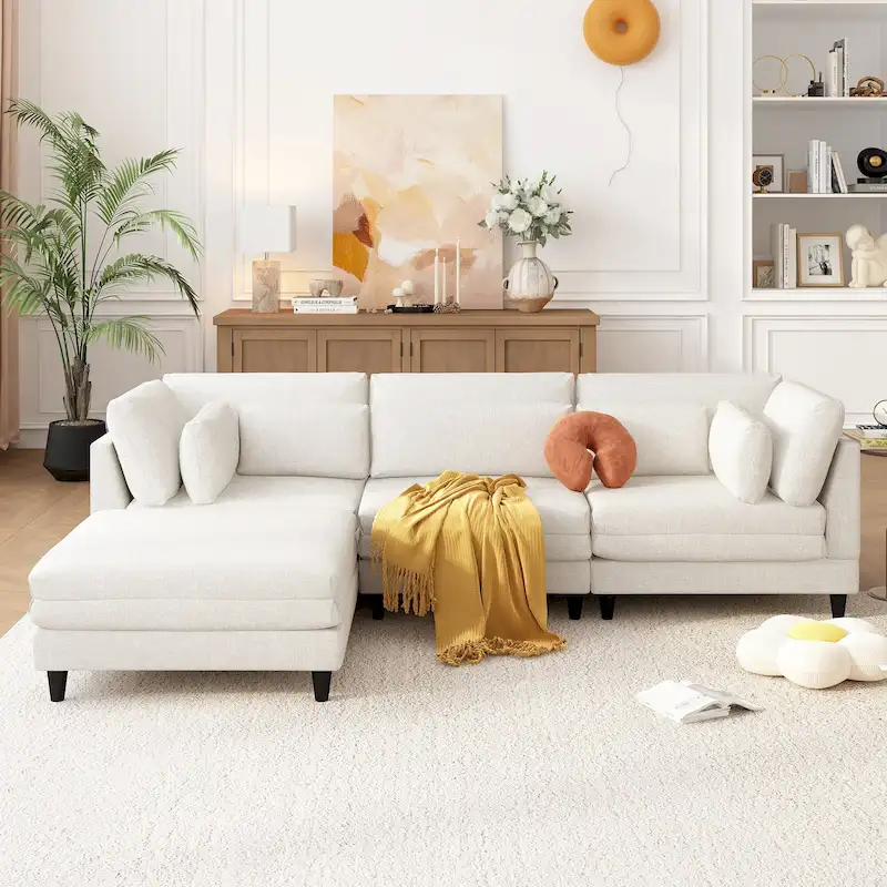 Contemporary Modular Sectional Sofa with Movable Ottoman and 5 Pillows