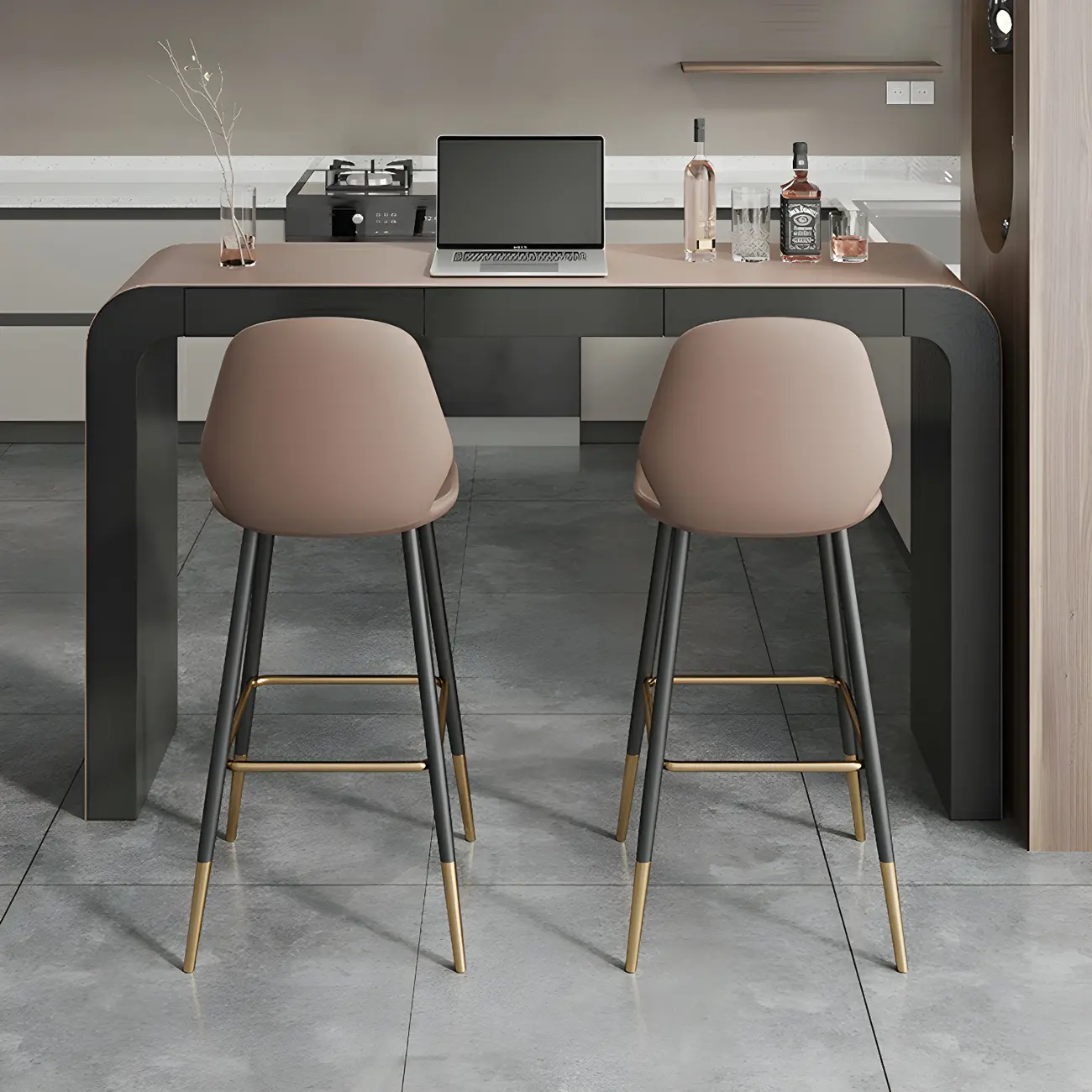 Modern Brown Leather Wooden Curved Bar Tables with 3 Drawers