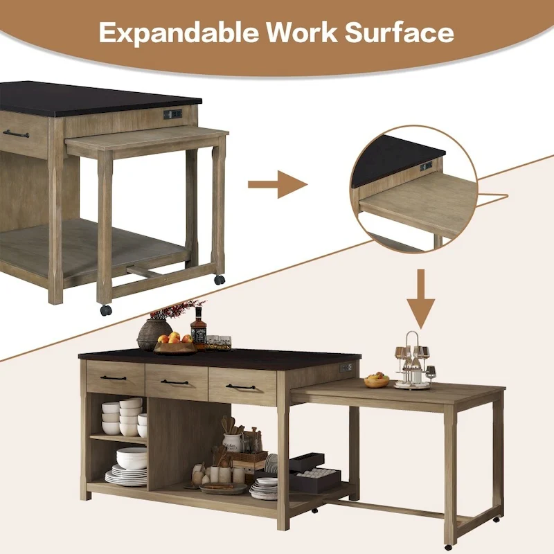 Retro Wooden Extendable Kitchen Island with Built-in Power Outlets and Drawers
