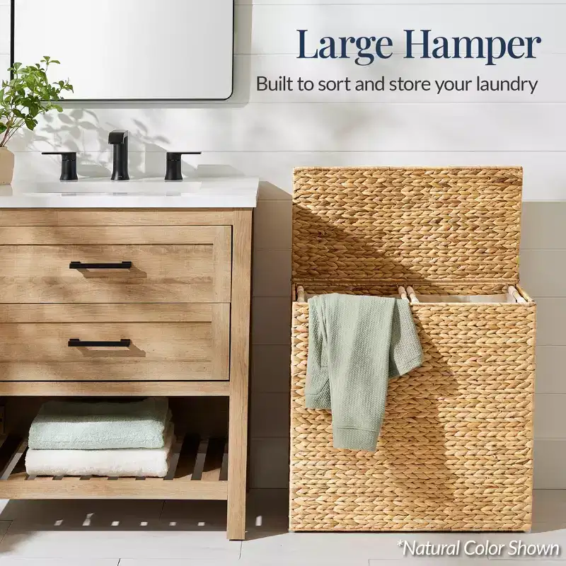 Best Choice Products Large Natural Water Hyacinth Double Laundry Hamper Basket w/ 2 Liner Bags, Handles