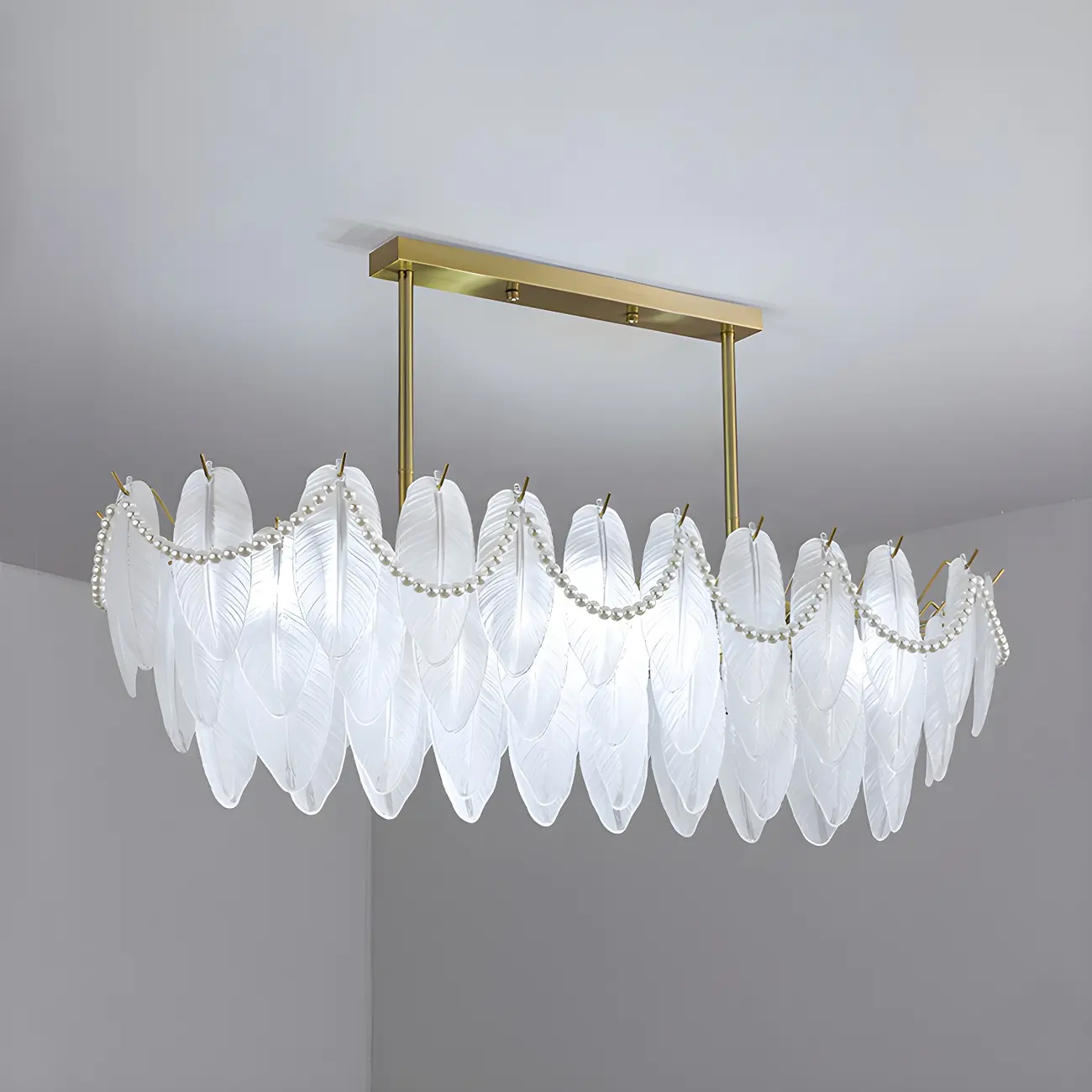 Adjustable Modern Glass Feather Island Chandelier in Gold