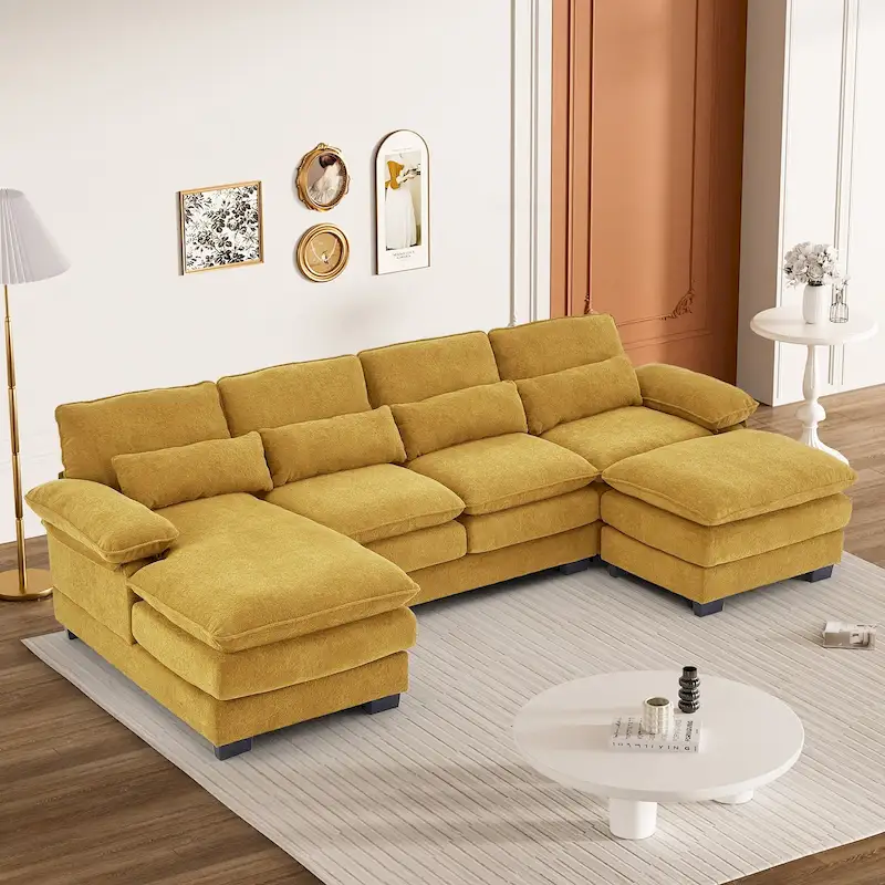 Ouyessir Soft Chenille Fabric U-shaped Sectional Sofa Set with Doudle Layer Cushion