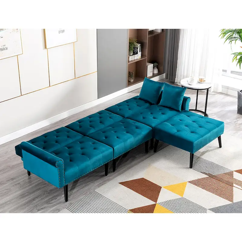 Convertible Velvet Sofa Couch, Sectional Sofa with Ottoman, Mid-Century Futon Sofa Bed - 32D x 100.7W x 29.9H