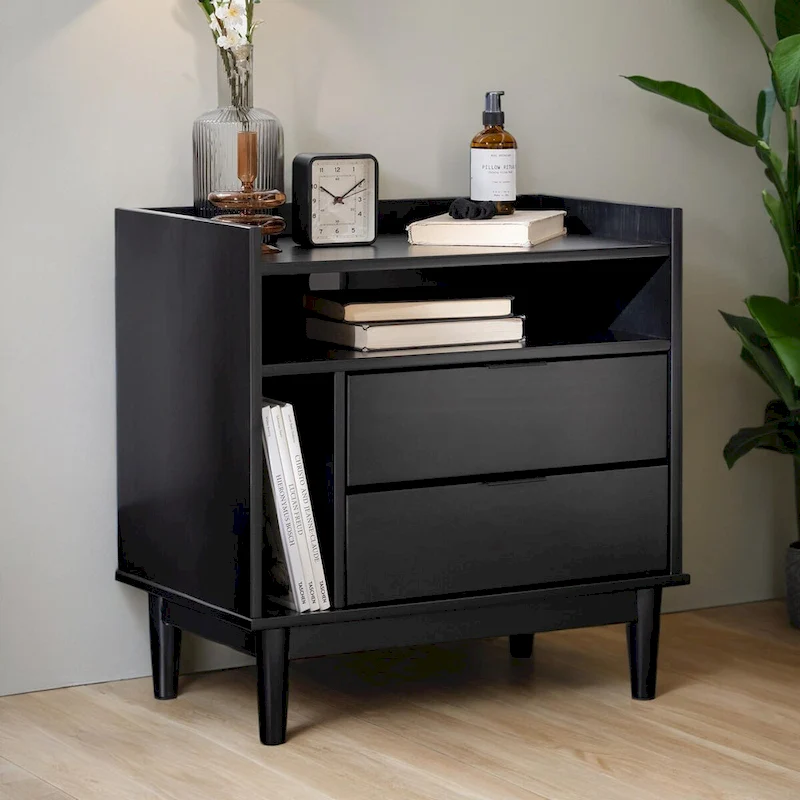 Mid-Century Modern Solid Wood 2-Drawer Gallery Nightstand