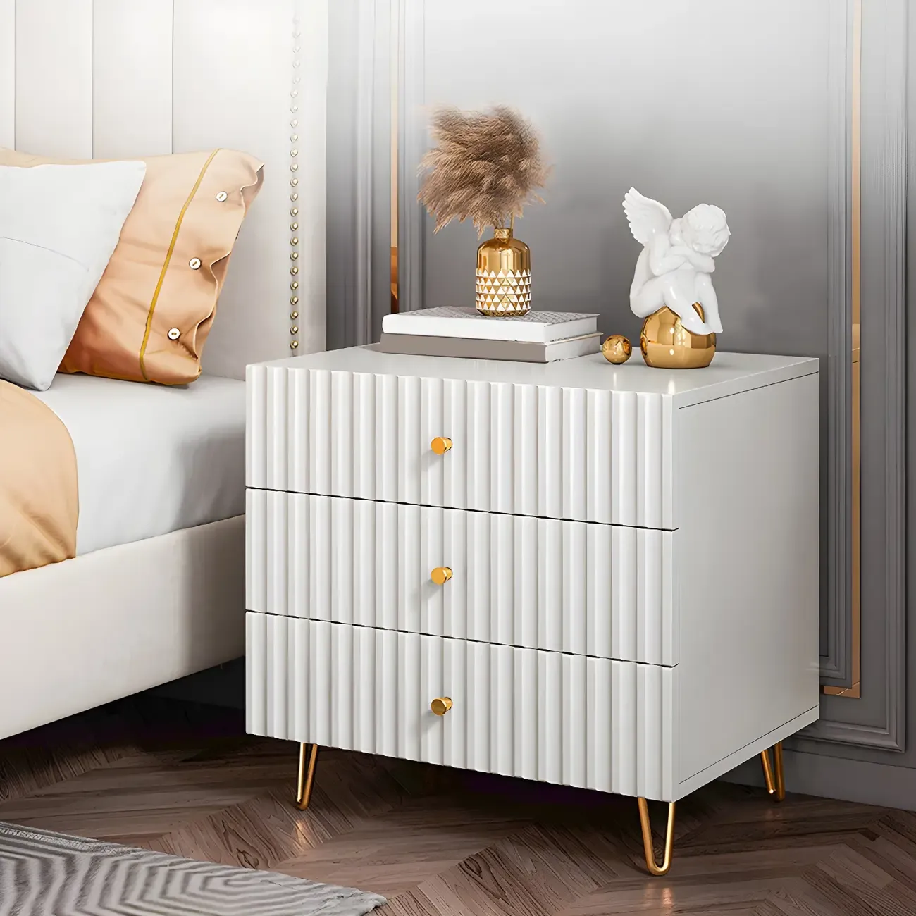 Modern Wooden Stripe Gold Accents Stylish Nightstand