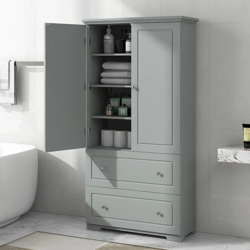 Grey / White Tall Storage Cabinet with 2 Drawers, 2 Doors & Adjustable Shelves