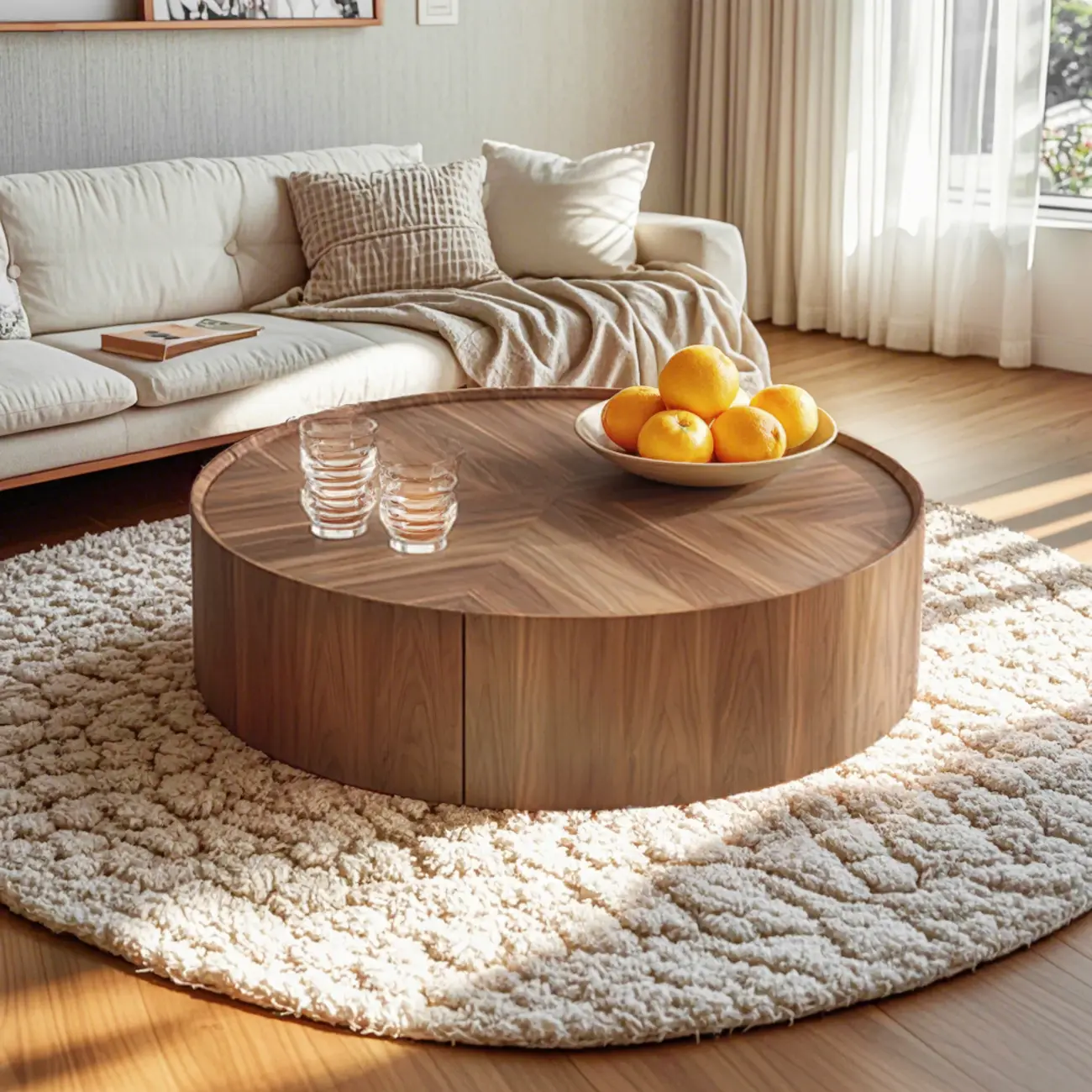 Brown Round Wood Tray Top 2 Drawers Coffee Table