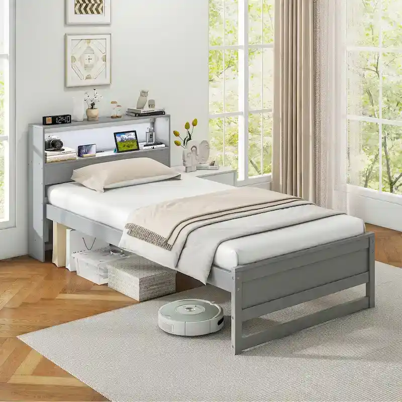 Single Wooden Bed Frame (with Charging Station and LED Lights)