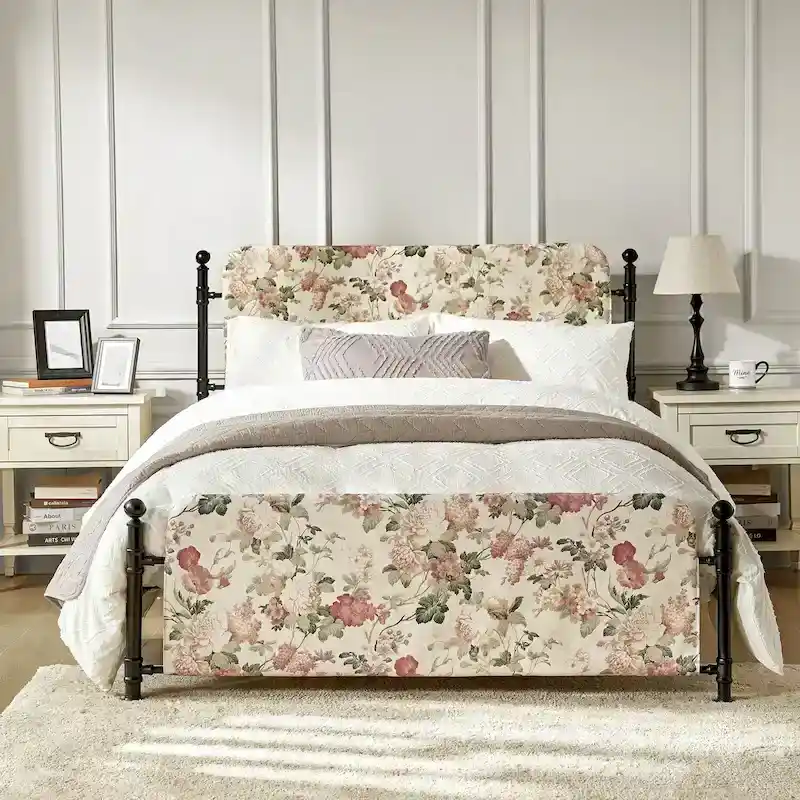 Diana Transitional 62  Floral Upholstered Platform Metal Bed Frame with Washable Slipcover by HULALA HOME