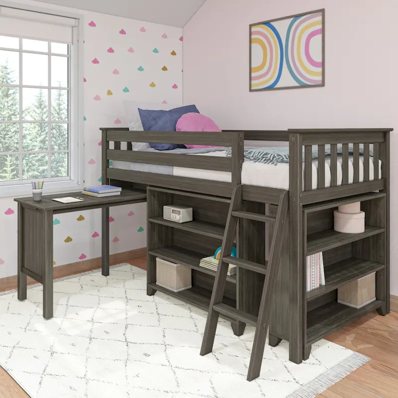 Max and Lily Twin-Size Low Loft w/ Pull-Out Desk and 3-Shelf Bookcases