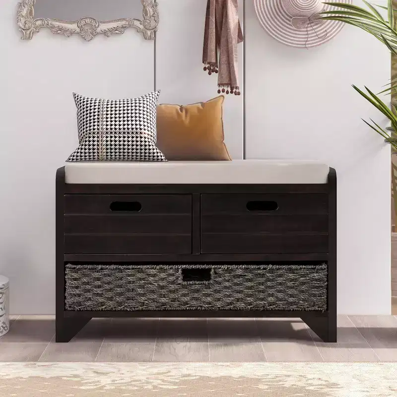 Hansen Acacia Wood Storage Bench with Drawers and Removable Basket