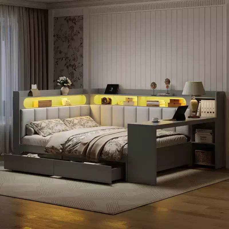Whisen Full Size Daybed with Storage Shelves, Drawers, Charging Station, LED Light, Desk, Upholstered Headboard and Backrest