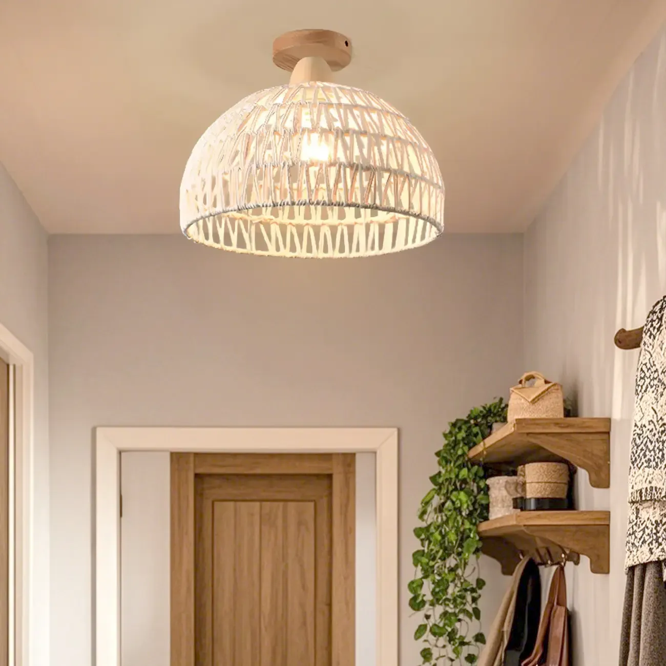 Oriental Rope Tied Beige Barn Semi Flush Ceiling Light