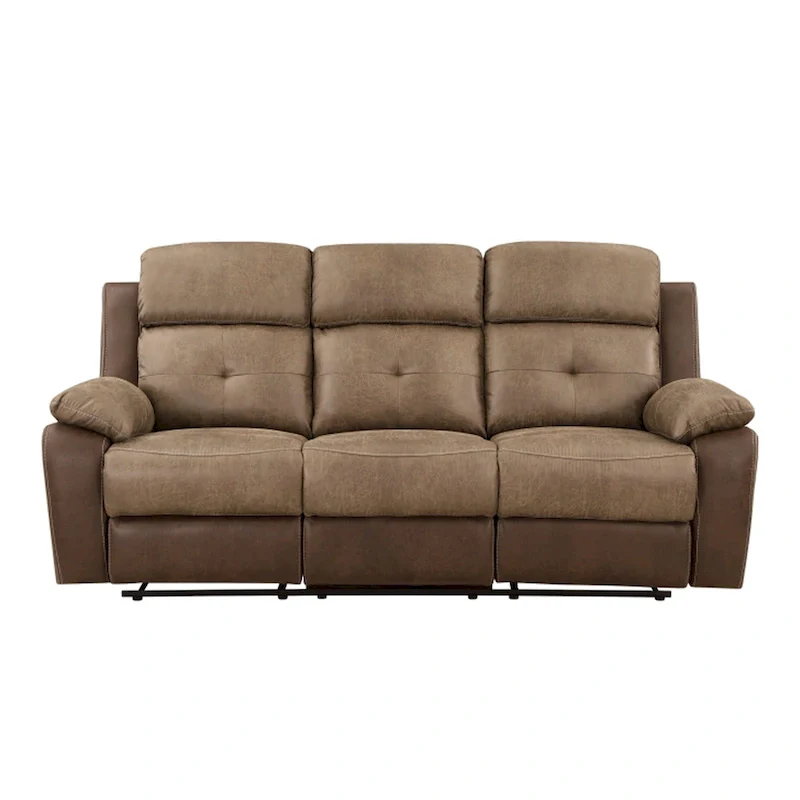 Emma 84 Inch Double Manual Recliner Sofa, Soft Brown Microfiber, Solid Wood
