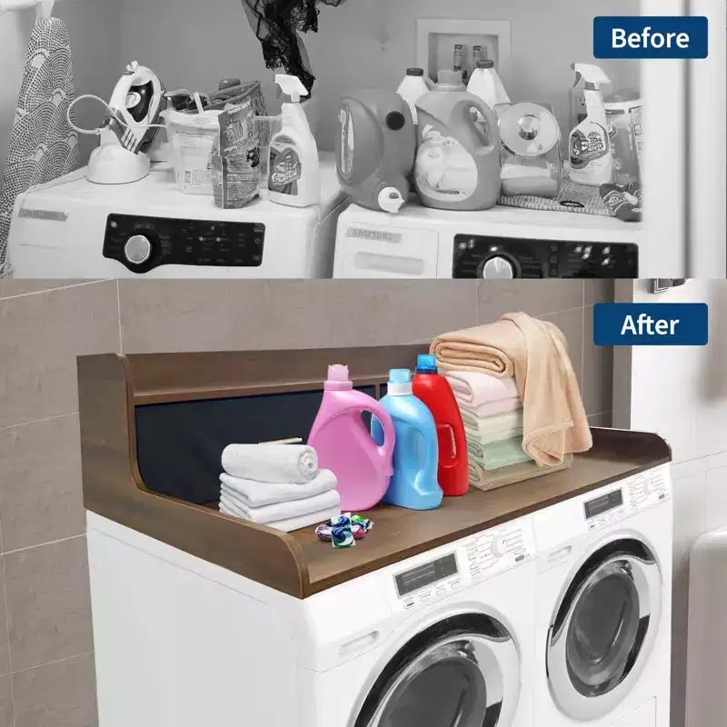 Laundry Countertop, 2-Tier Washer Dryer Countertop with 2 Drawers - 2.75'' Edge Rails, Waterproof Wood, Anti-Slip Pads (54''W27.55''D)