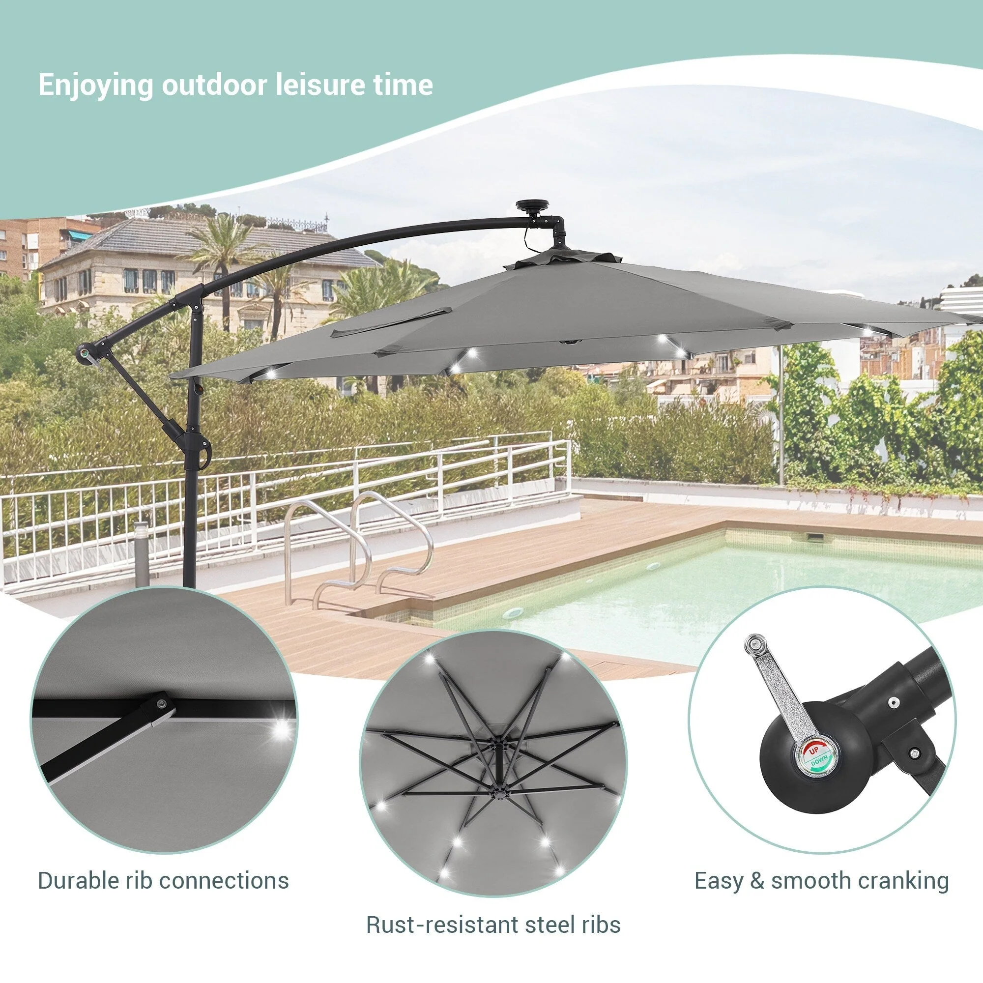 LIVOOSUN 10ft LED Patio Offset Umbrella With Cross Base