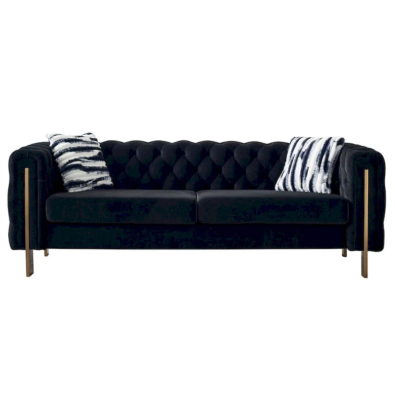 84.25 Luxurious Tufted Velvet Upholstered 3-Seater Sofa with Golden Metal Armrest Design and Buttoned Tufted Backrest