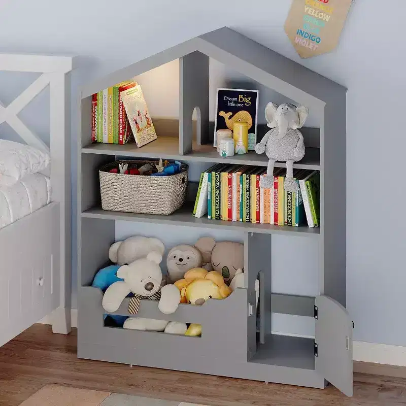 Acekool 3-Tier Kids Bookshelf with Motion Sensor Light, Toy Storage Organizer, Wooden House-Shaped Book Rack for Bedroom or Playroom, 47.2 Tall