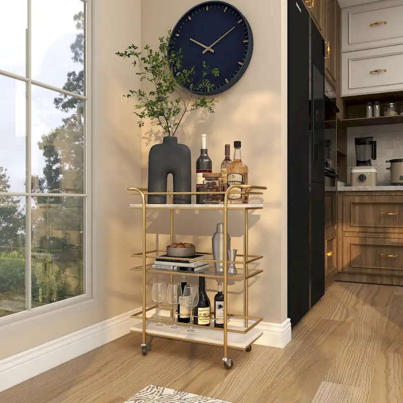 Gold 3-Tier Rolling Bar Cart with Marble and Glass Shelves – Single Unit