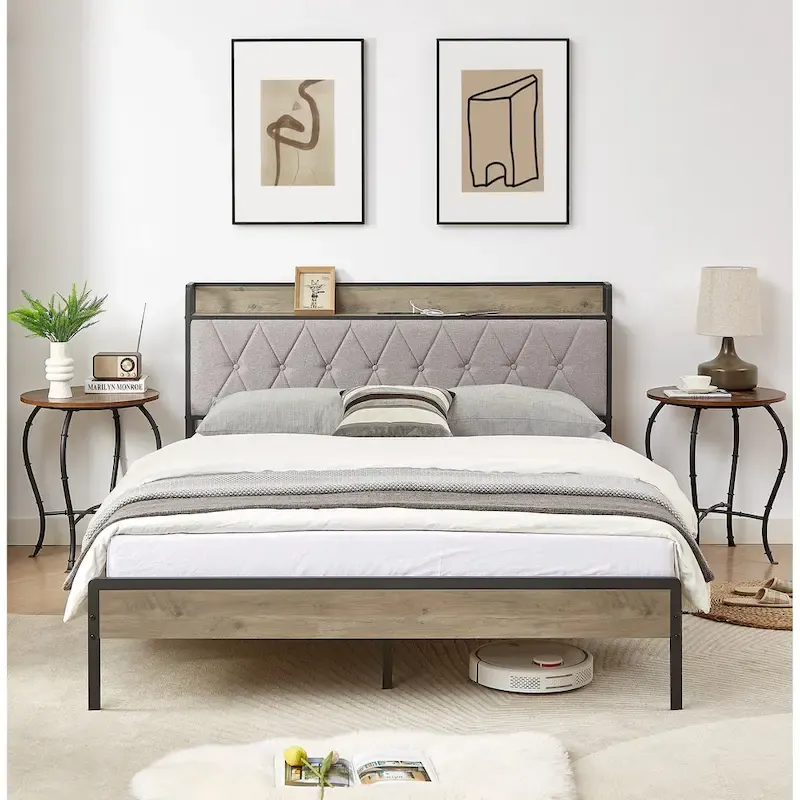 Grey & Queen Bed with Charging Station