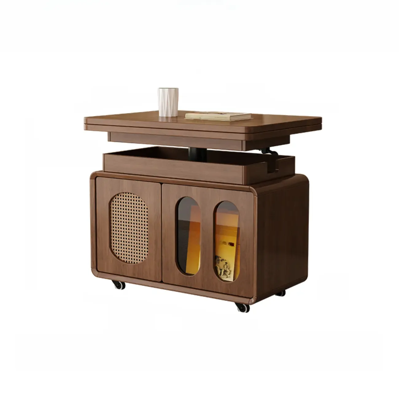 Elegant Brown Rolling Wood Side Table Adjustable Top