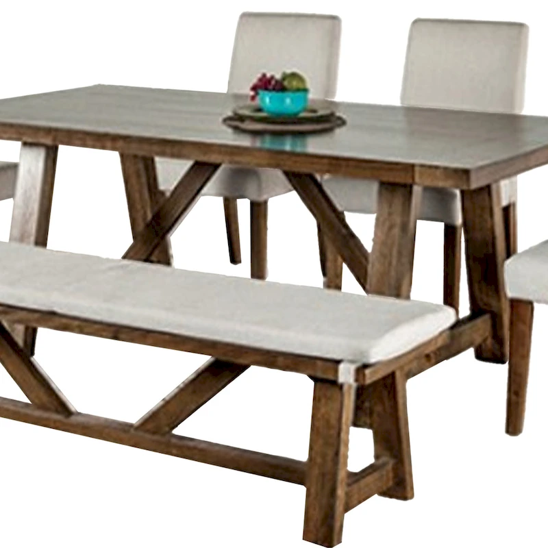 Jule 7pc Dining Set, Brown Rectangular Table, Chairs, Bench w White Seat