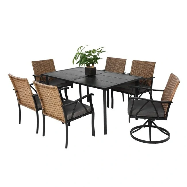 7-Piece Wicker Patio Set - Includes 2 swivel rockers, 4 chairs (all with removable cushions), and a table.