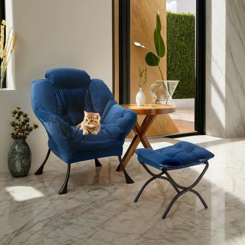 Modern Cotton Thick Padded Lazy Chair With Folding Ottoman